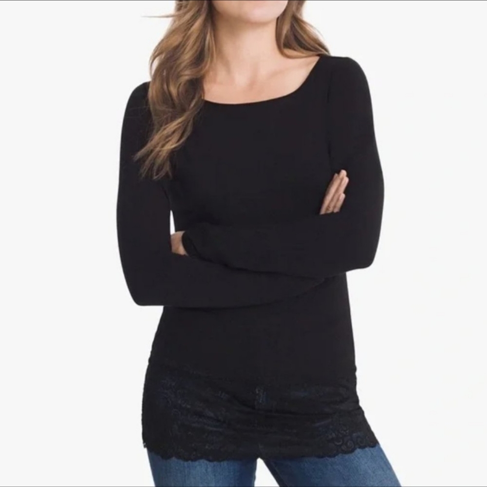 White House Black Market Sz Lg black lace hem long sleeve top tee